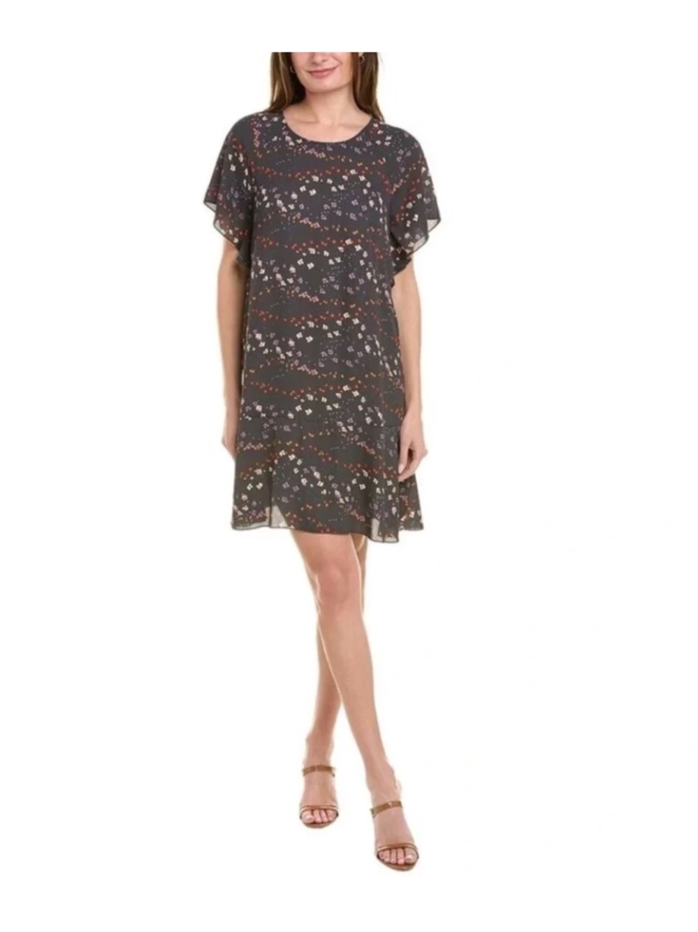 Cabi Muse Dark Grey Floral print Flutter Sleeve Dress Sz L
